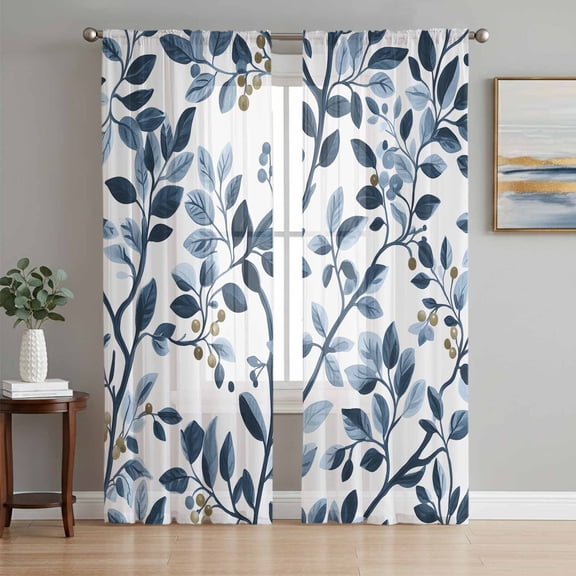 Navy Blue Botanical Sheer Curtains 72 Inch Length 2 Panels Set, Summer Spring Leaves Voile Window Treatment Rod Pocket Curtains Sheers Drapes for Bedroom/Living Room/Kitchen 52"x72"x2