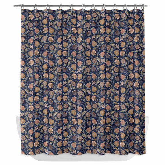 Navy Blue Botanical Shower Curtain - Water Repellent Fabric Shower Curtains Washable, Antique Aesthetic Floral Blossom Decorative Polyester Cloth Bathroom Curtains Modern Bath Decor 72"x84"