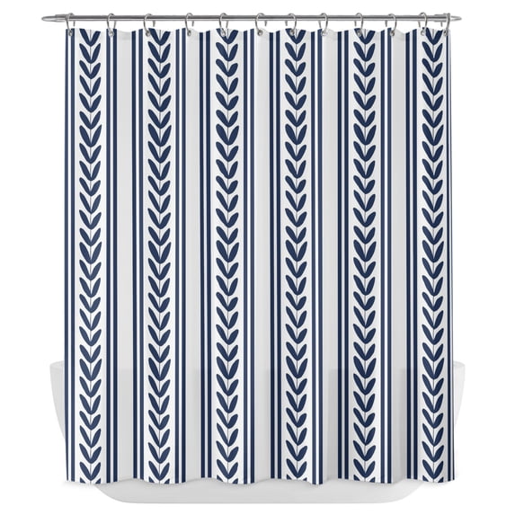 Navy Blue Botanical Shower Curtain - Water Repellent Fabric Shower Curtains Washable, Modern Farmhouse Striped Decorative Polyester Cloth Bathroom Curtains Modern Bath Decor 72"x84"