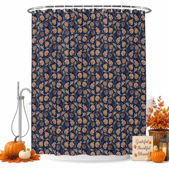 Navy Blue Botanical Shower Curtain, Waterproof Shower Curtains for Bathroom, Antique Aesthetic Floral Blossom Washable Fabric Bathtub Curtain Set Bath Decor with 12 Hooks 72"x78"