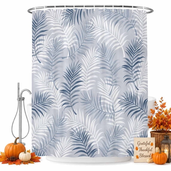 Navy Blue Botanical Shower Curtain, Waterproof Shower Curtains for Bathroom, Summer Palm Leaves Foliage Tropical Washable Fabric Bathtub Curtain Set Bath Decor with 12 Hooks 72"x78"