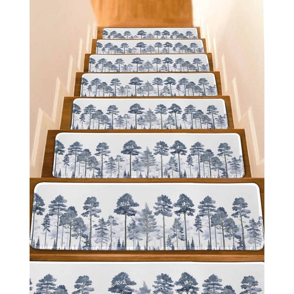 Navy Blue Botanical Stair Treads for Wooden Steps Indoor Runner Rug Carpet, Watercolor Tree 4 Pieces Peel and Stick Staircase Step Treads Covers Washable Throw Door Mats, 30"x8"