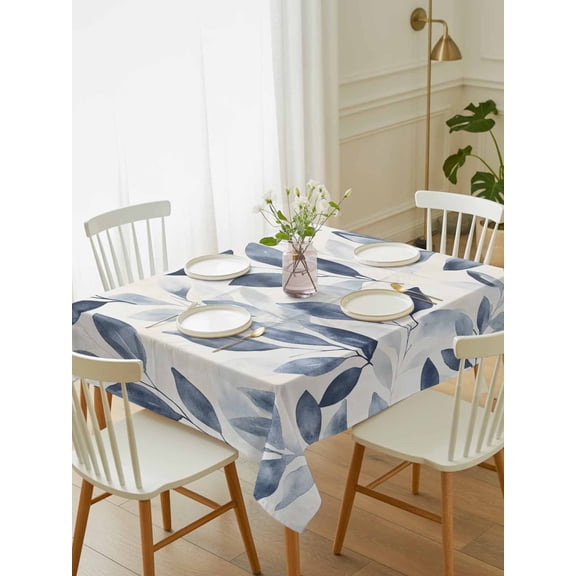 Navy Blue Botanical Tablecloth Rectangle Table Cloth 52x70, Waterproof Tablecloth Outdoor Table Cloth, Pastoral Spring Leaves Watercolor Washable Table Cover for Kitchen Dinning Party