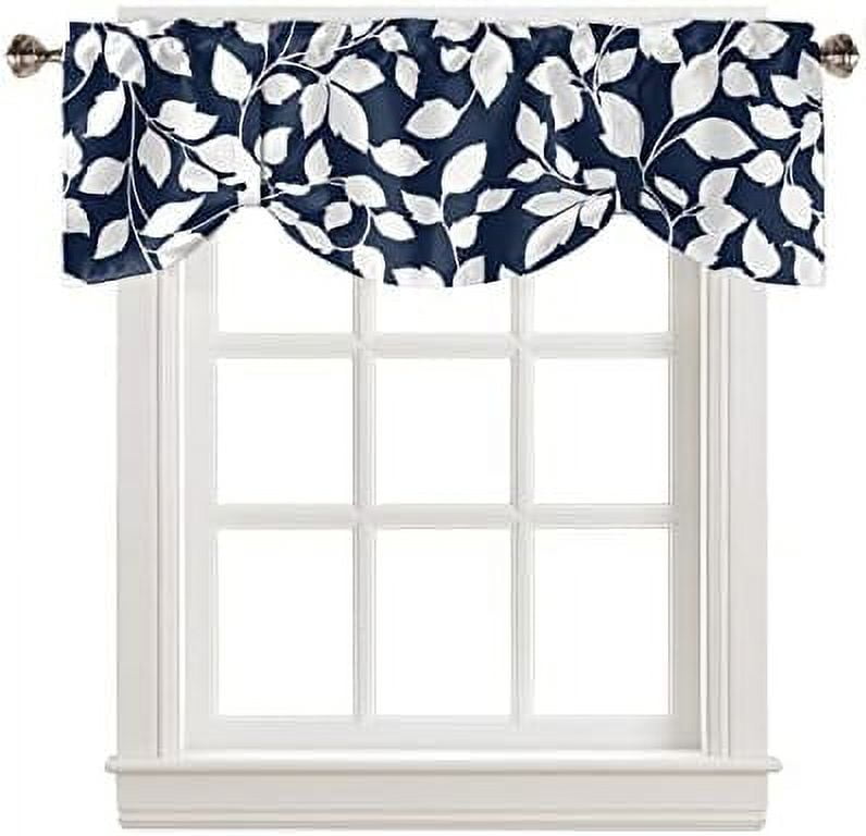 Navy Blue Botanical Tie Up Valances for Windows Summer Spring Floral White Leaf Adjustable