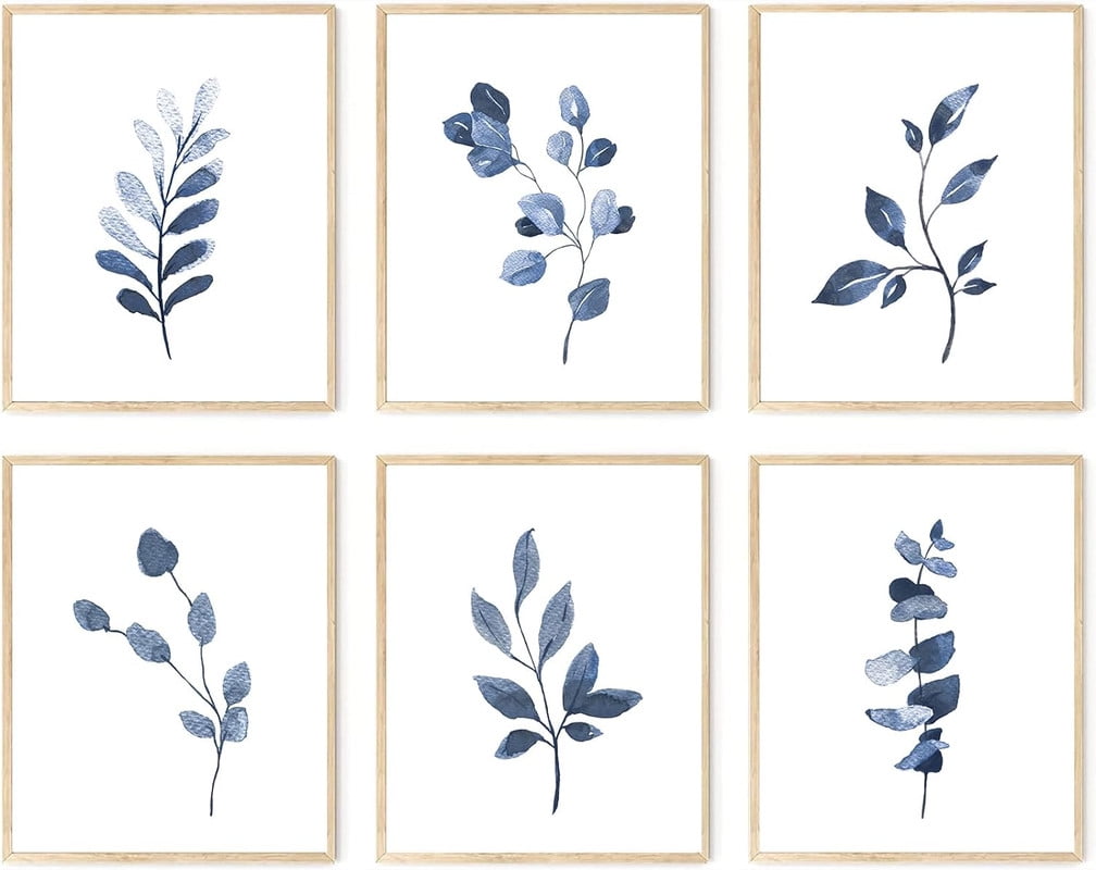 Navy Blue Botanical Wall Art Set of 6, Minimalist Abstract Botanical ...