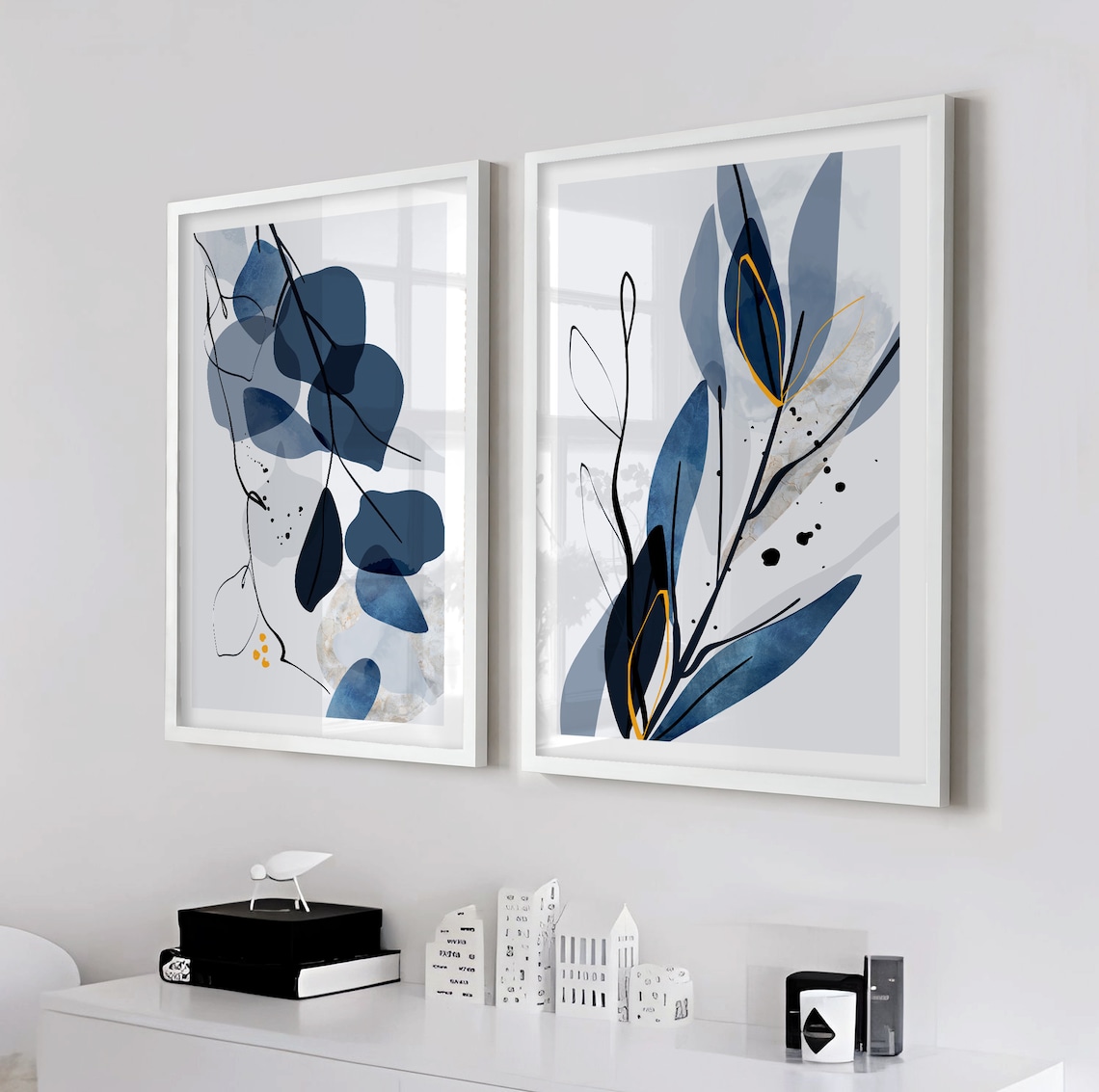Navy Blue Botanical Wall Art Set Of 2 Prints Abstract Leaves Poster