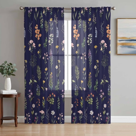Navy Blue Botanical Wildflowers Sheer Curtains 63 Inch Length 2 Panels Set, Rustic Floral Voile Window Treatment Rod Pocket Curtains Sheers Drapes for Bedroom/Living Room/Kitchen 52x"63"x2