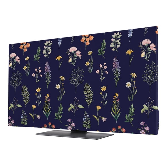 Navy Blue Botanical Wildflowers TV Cover for 24 Inch Screen, Stretch Fabric Dustproof TV Display Protector, Rustic Floral Elastic Slipcover Monitor Cover for Indoor Desktop Computer 20.9"x11.8"