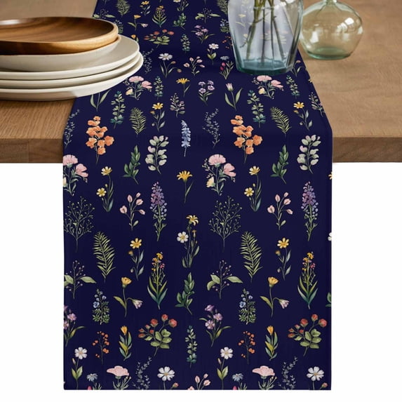Navy Blue Botanical Wildflowers Table Runner 70 Inches Long, Rustic Floral Cotton Linen Table Runners Dresser Scarves, Decorative Fabric Tabletop Scarf Furniture Cover for Home Dinner Party 13"x70"