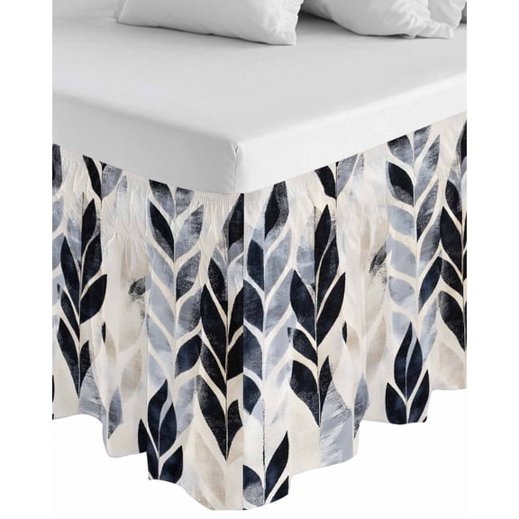 Navy Blue Botanical Wrap Around Bed Skirts for Queen Bed 18" Drop, Bed Skirt with Adjustable Elastic Belt Dust Ruffle Bed Valance for Bedroom Hotel Luxury Tropical Palm Leaves Retro Bed Frame Cover