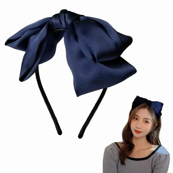 Navy Blue Bow Headband Women Girls Satin Navy Blue Hair Bows for Girls Silk Bowknot Headband Navy Blue Headband with Bow Hair Band Headwear Knotted Bow Headbands for Women Blue Hair Accessories