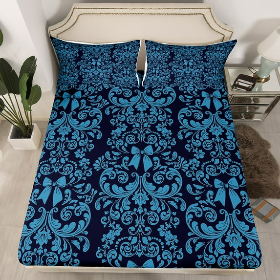Navy Blue Bow Knot Fitted Sheet Antique Victorian Damask Bed Sheets Twin,Bow Knot Sheets Vintage Floral Gothic Bed Set (No Top Sheet)