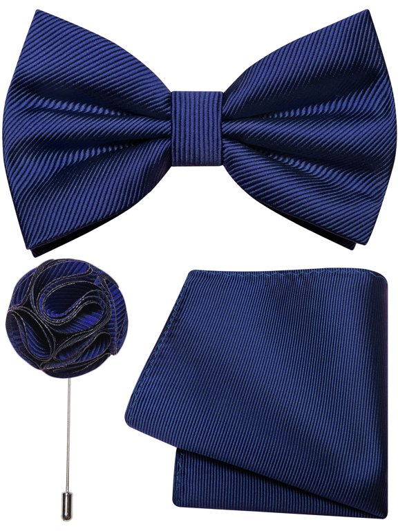 Navy Blue Bow Tie Set Silk Woven Pre-tied Bowtie and Pocket Square with Lapel Pin Wedding Party