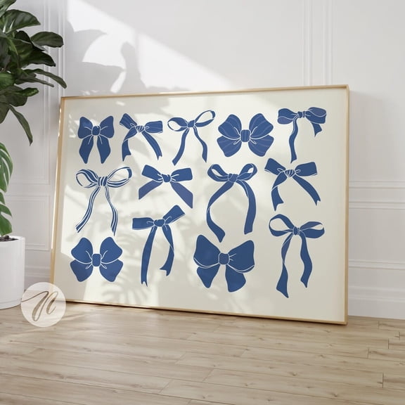 Navy Blue Bows Print Preppy Coastal Wall Art Home Decor Vintage Gift Living Room Dercor