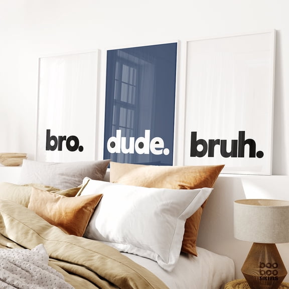 Navy Blue Boys Room Prints Set of 3, Camo Gaming Decor, Bruh Typography Wall Art
