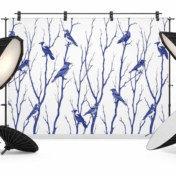 Navy Blue Branches Birds Backdrop for Photoshoot,Photography Photo Studio Background Wall Backdrop,Abstract Forest Silhouettes Back Drop Banner Panel for Portraits Wedding Party Live Streaming 10x8Ft