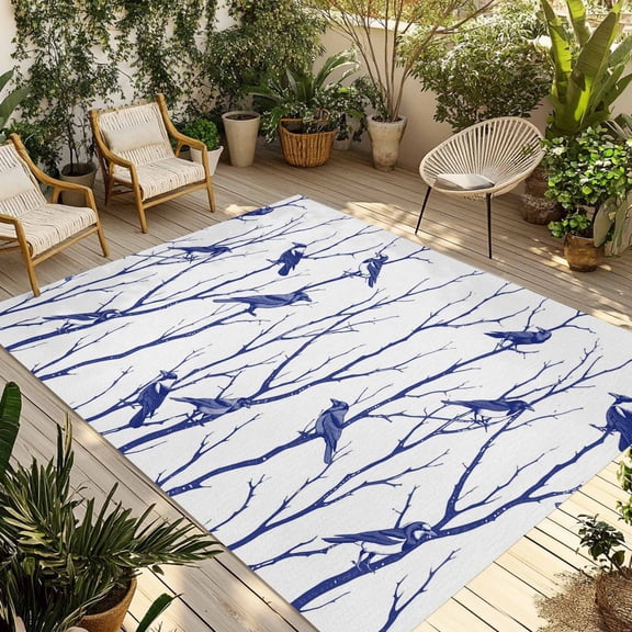 Navy Blue Branches Birds Outdoor Rug 4x6 Ft - Reversible Patio Rug Outdoor Camping Rugs, Abstract Forest Silhouettes Washable Indoor Outdoor Area Rugs, Non-Slip Outdoor Carpet Runner for Deck/Porch