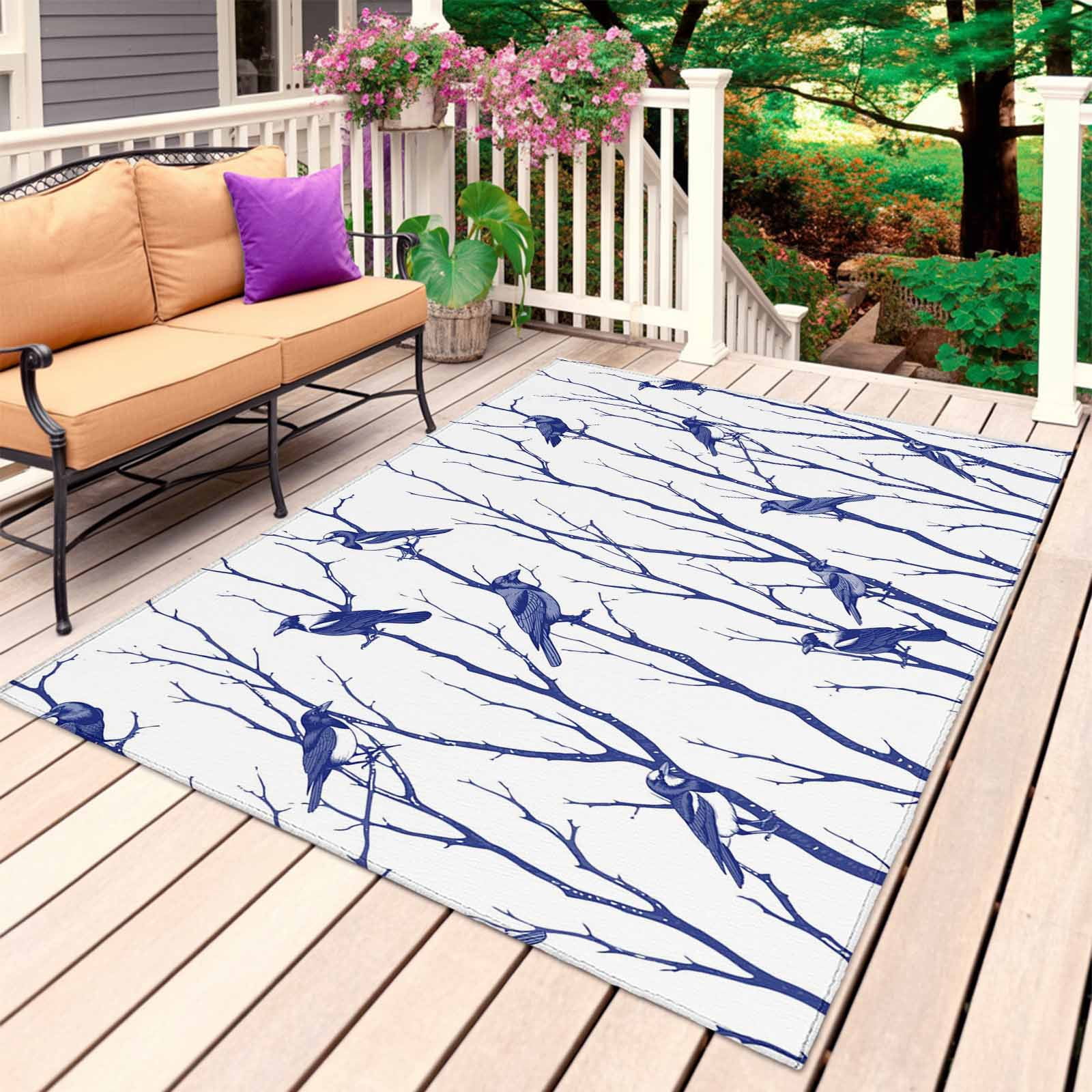 Navy Blue Branches Birds Outdoor Rug 5x8 Ft, Non Slip Washable Area Rug ...