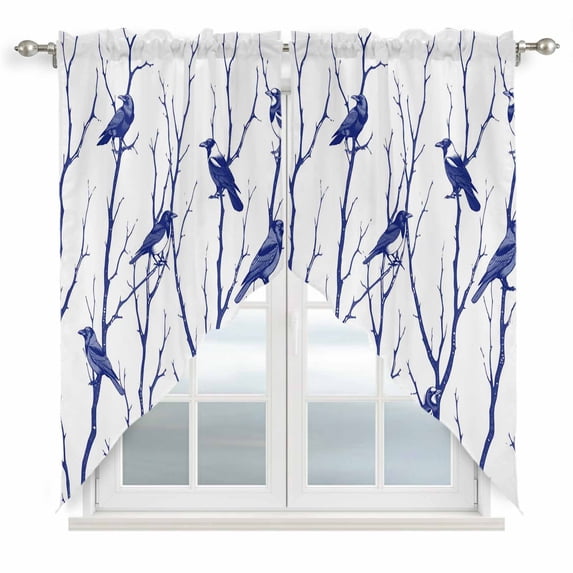 Navy Blue Branches Birds Swag Valances for Windows, Kitchen Window Curtains Over Sink, Abstract Forest Silhouettes Window Treatment Curtains for Living Room/Bedroom Curtains 2 Panel Sets 36"x45"