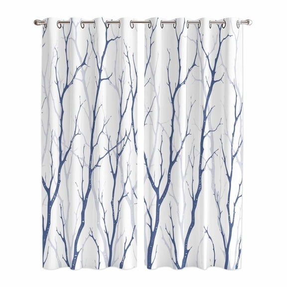 Navy Blue Branches Kitchen Curtains 84 Inch Length, Modern Abstract Art Forest Silhouettes Grommet Top Bedroom Living Room Curtains, Light Filtering Cafe Curtain Drapes 2 Panels Set 84''x84''