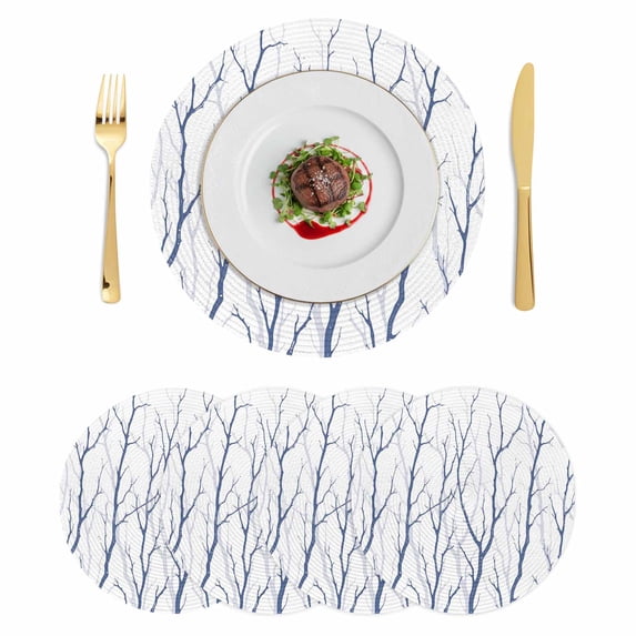 Navy Blue Branches Round 15 Inch Placemats Set of 4, Modern Abstract Art Forest Silhouettes HeatResistant Non Slip Place Mats for Dining Table, Wipeable Braided Kitchen Table Mats for Housewarming