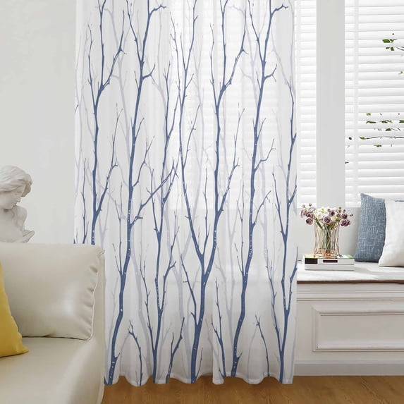 Navy Blue Branches Semi Sheer Curtains Drapes for Living Room,Bedroom,French Doors Window 84 Inches Long,Modern Abstract Art Forest Silhouettes Rod Pocket Chiffon Curtain Voile Drapery Panel