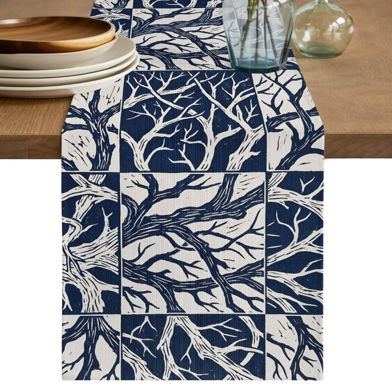 Navy Blue Branches Short Table Runner 36 Inches Long, Minimalist Farmhouse Art Cotton Linen Table Runners Dresser Scarves, Fabric Tabletop Scarf Furniture Cover for Home Dinner Party Decor 13