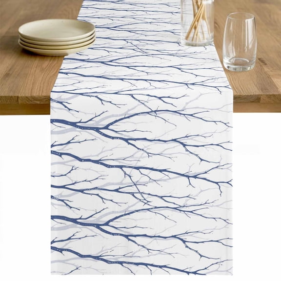 Navy Blue Branches Table Runner - 90 Inch Long Modern Abstract Art Forest Silhouettes Cotton and Linen Blended Dress Scarves Farmhouse Table Runner for Kitchen Dining, Coffee Table, 13" x 90"