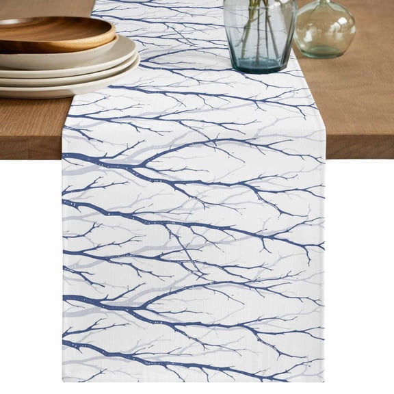 Navy Blue Branches Table Runner, Modern Abstract Art Forest Silhouettes Washable Cotton Linen Table Runners 48 Inches Long, Dresser Scarf Runner for Nightstand/Coffee/End Tables 13''x48''