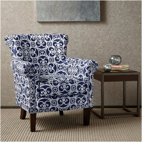 Navy Blue Brooke Tight Back Club Chair for Living Room, Solid Wood Frame and Polyester Upholstery