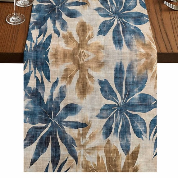 Navy Blue Brown 60 Inch Table Runner, Tropical Botanical Palm Leaves Vintage Farmhouse Dresser Scarf Cotton & Linen Tablerunner for Dining/Kitchen Island/Holiday Party Décor 13" x 60"