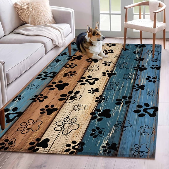 Navy Blue Brown Area Rug 3x5 Washable Rug Non Slip Rustic Farmhouse Dog Paw Vintage Large Area Rug Indoor Floor Carpet for Entryway Bedroom Kitchen Living Room Home Office Dining Room Nursery