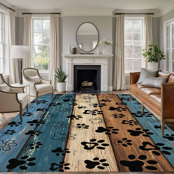 Navy Blue Brown Area Rug 5x8 Washable Rug Non Slip Rustic Farmhouse Dog Paw Vintage Large Area Rug Soft Stainresistant Indoor Floor Carpet for Living Room Bedroom Home Office Dining Room Nursery