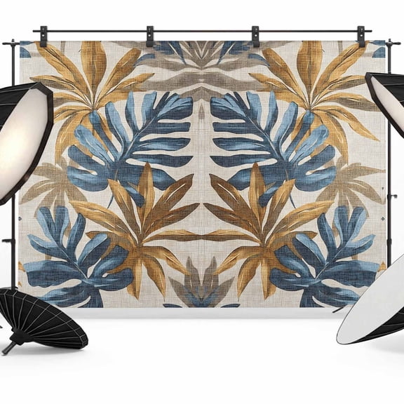 Navy Blue Brown Backdrop for Photoshoot,Photography Photo Studio Background Wall Backdrop,Vintage Elegant Botanical Palm Leaves Back Drop Banner Panel for Portraits Wedding Live Streaming 10x8Ft