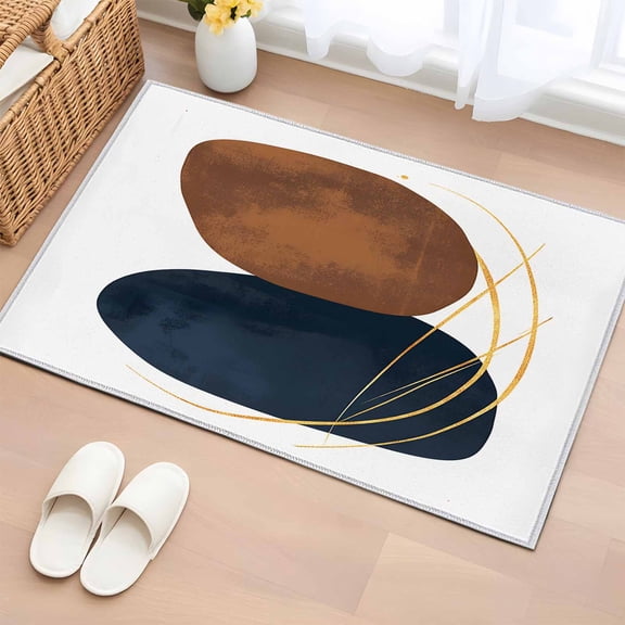 Navy Blue Brown Bathroom Rug Washable 2x3 Entryway Rug Non Slip Modern Abstract Art Luxury Geometric Front Door Mat Low Pile Indoor Doormat Throw Floor Carpet for Kitchen Bedroom Entrance