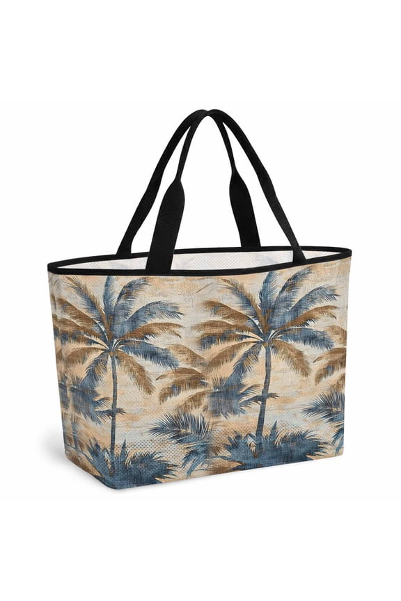 Navy Blue Brown Beach Bag for Women, Large Breathable Mesh Beach Tote Bag, Tropical Botanical Palm Leaves Retro Sandproof Lightweight Travel Bags for Vacation Picnic Swimming Pool 15.7"x15.7"x9.1"