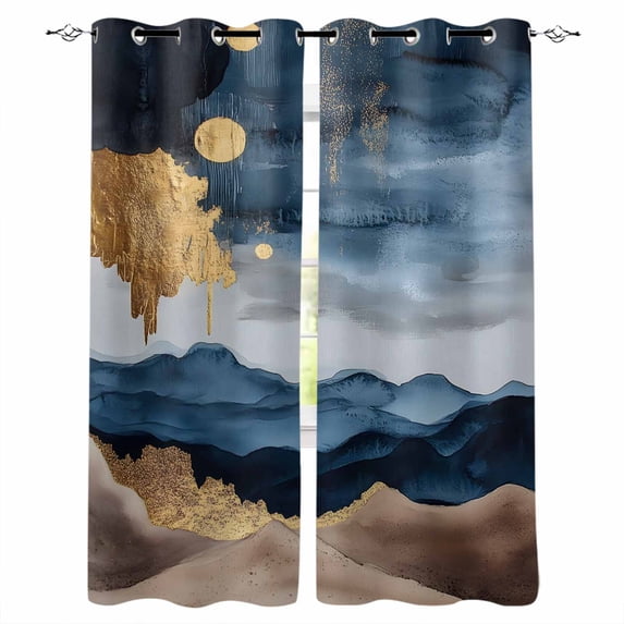 Navy Blue Brown Blackout Curtains for Bedroom/Living Room, Thermal Insulated Kitchen Curtains, Vintage Modern Art Abstract Grommet Darkening Window Treatment Drapes 42"x84"x2