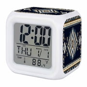 Navy Blue Brown Boho Digital Alarm Clock for Bedrooms, Smart LED Alarm Clock with 7 Color Changing Night Light, Retro Geometric Southwestern Silent Wake Up Clocks for Sleep Study Cooking 3.2x3.2