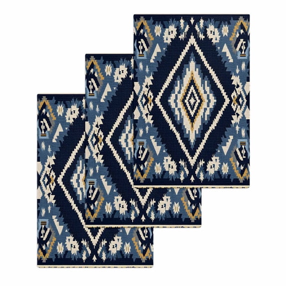 Navy Blue Brown Boho Hand Towels Set, Waffle Weave Kitchen Towels 3 Pieces, Vintage Geometric Southwestern Microfiber Hair Face Bath Tea Towel Absorbent Quick Drying Cleaning Dish Cloths, 15.7"x23.6"