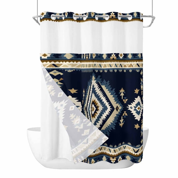 Navy Blue Brown Boho No Hook Shower Curtain Waterproof, Bathroom Curtains with Snap in Liners and See Through Top Window, Retro Geometric Southwestern Hotel Style Bathtub Curtains Shower 72"Wx96"L