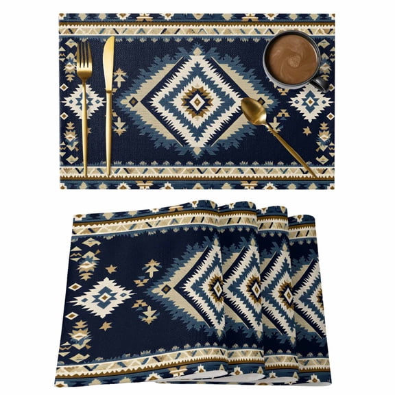 Navy Blue Brown Boho Placemats Set of 4, Cotton Linen Fabric Place Mats, Retro Geometric Southwestern Washable Decorative Table Mats Protector for Home Kitchen Dining Wedding Party Coffee Tables