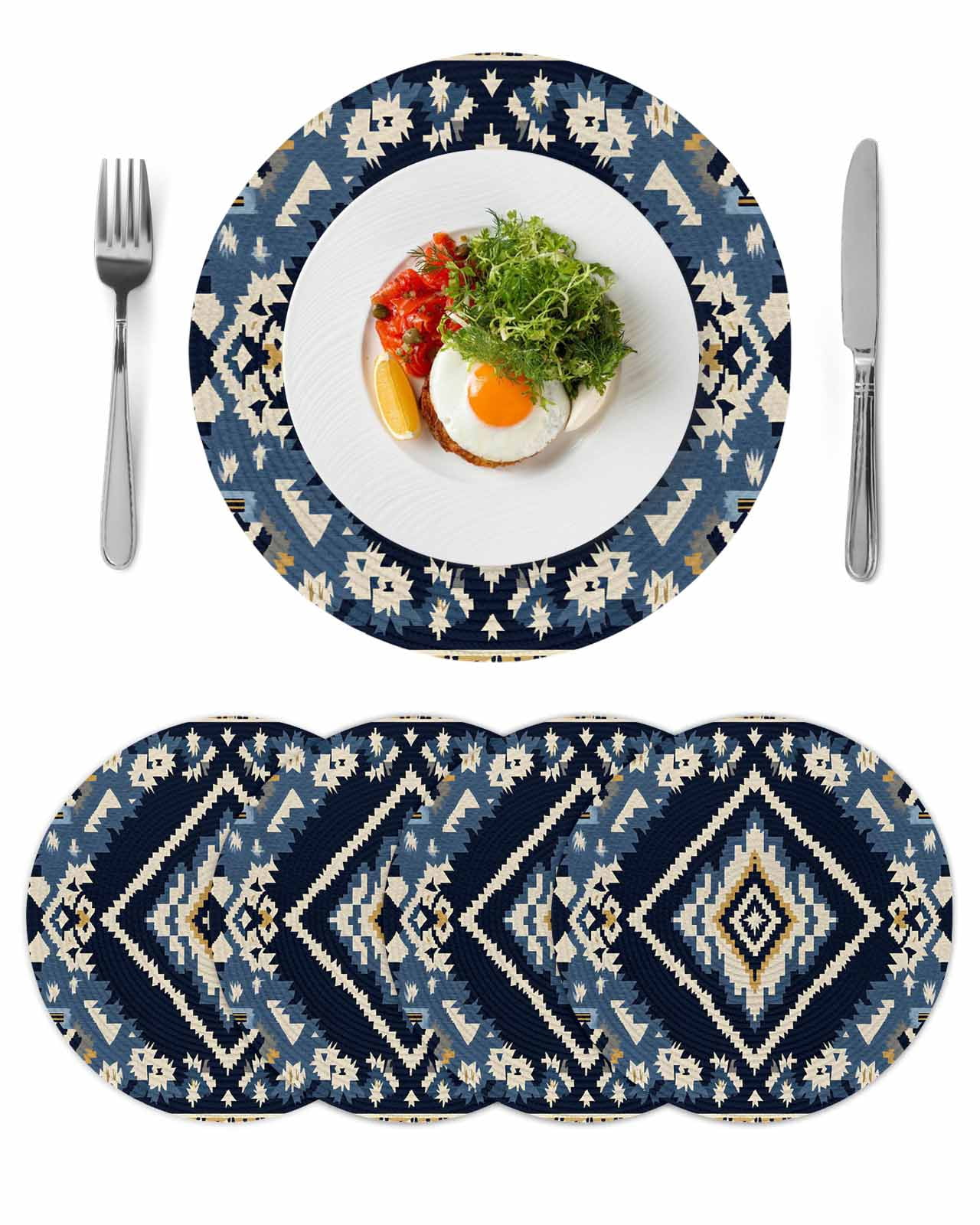 Navy Blue Brown Boho Round 13 Inch Placemats Set of 4, Vintage ...