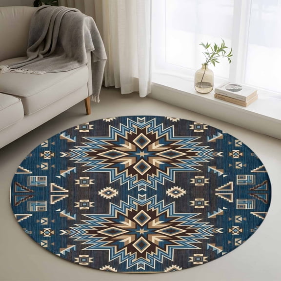 Navy Blue Brown Boho Round Area Rug 3Ft Washable Small Circle Rugs for Kitchen Entryway, Southwest Ethnic Abstract Geometric Non-Slip Carpet Floor Mats Indoor Outdoor Carpet Runner Home Decor