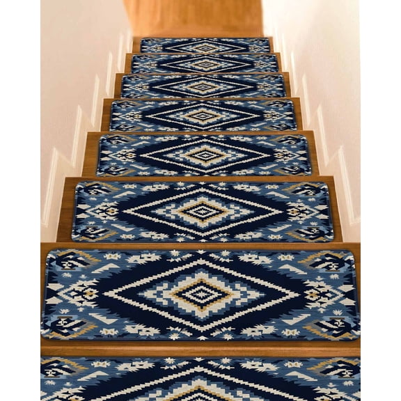 Navy Blue Brown Boho Stair Treads for Wooden Steps Indoor Runner Rug Carpet, Vintage Geometric Southwestern 4 Pieces Peel and Stick Staircase Step Treads Covers Washable Throw Door Mats, 30"x8"