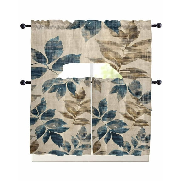 Navy Blue Brown Botanical Kitchen Curtains Sets 24 Inch Length with Valance, Retro Elegant Palm Leaves Swag Valances and Tiers Curtain Set Drapes Swag Curtains for Living Room, Bathroom, Bedroom