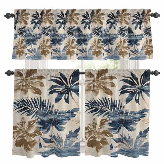 Navy Blue Brown Botanical Kitchen Curtains Sets for Windows 24 Inch Length, Tropical Palm Leaves Retro Rod Pocket Window Treatments Tier Curtains and Valances Set for Bedroom/Bathroom