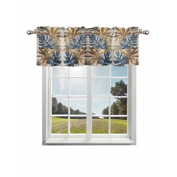 Navy Blue Brown Curtain Valance for Windows/Living Room/Kitchen/Bathroom/Café, Short Rod Pocket Tier Curtain Window Treatment Panel Vintage Elegant Botanical Palm Leaves Topper Curtain 60''x18''