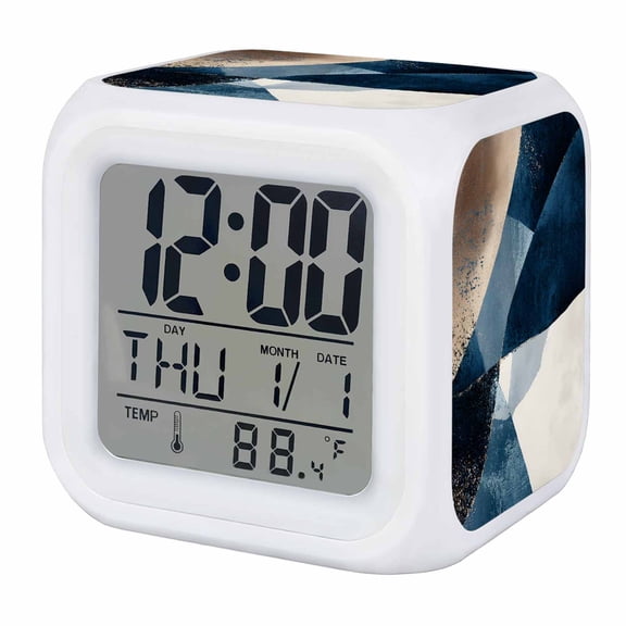 Navy Blue Brown Digital Alarm Clock for Bedrooms, Smart LED Alarm Clock with 7 Color Changing Night Light, Modern Geometric Abstract Art Silent Wake Up Clocks for Sleep Study Cooking 3.2"x3.2"