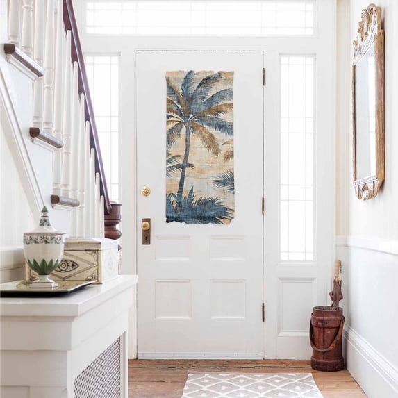 Navy Blue Brown Door Curtains for Door Window, French Sidelight Front Back Door Curtains With Tieback, Tropical Botanical Palm Leaves Retro Kitchen Rod Pocket Drapes Panel, 25"x40"