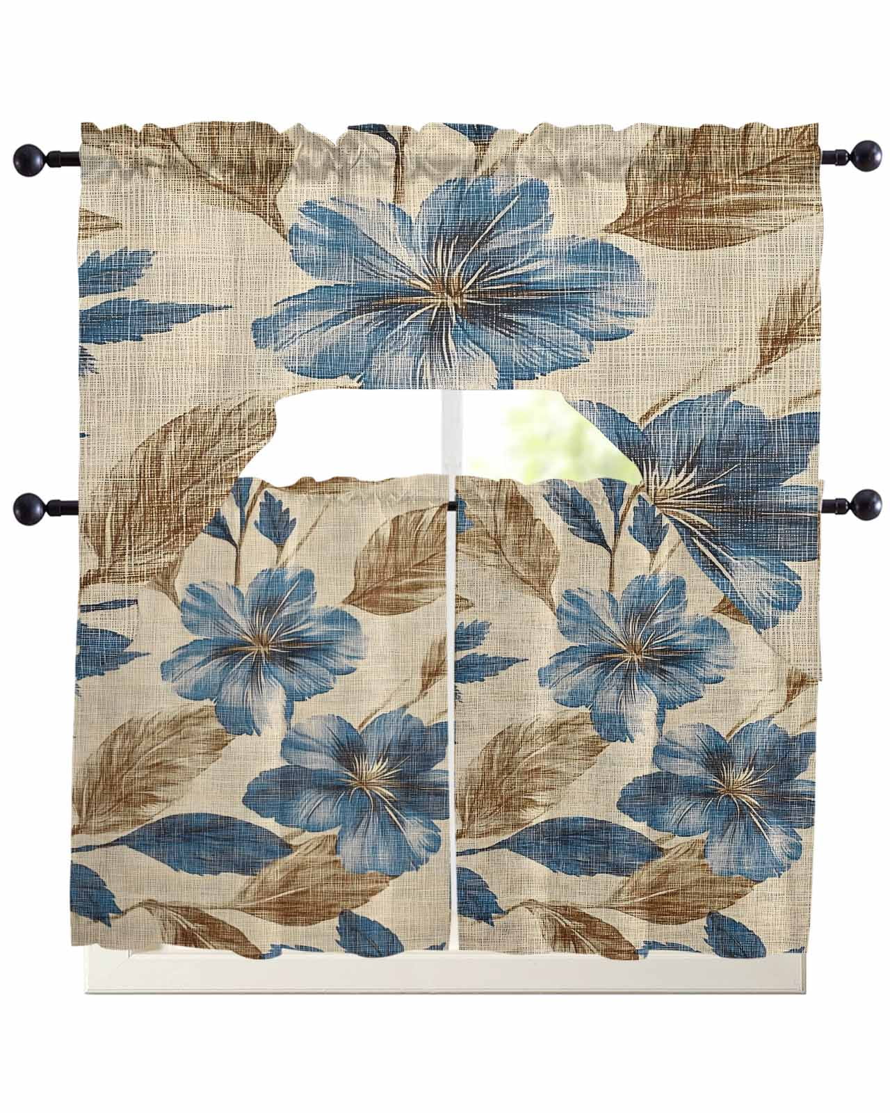 Navy Blue Brown Floral Kitchen Curtains Sets 36 Inch Length with